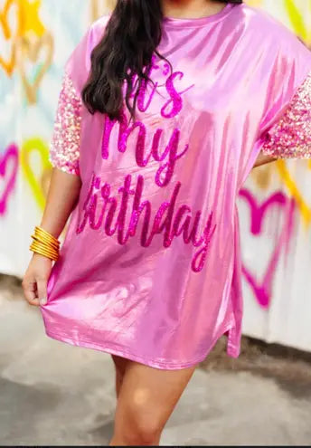 ***RESTOCK*** Birthday Queen Foil Sequin Dress in Pink