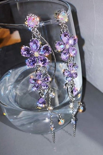 Crystal Garden Lilac Floral Dangle Drop Earrings in Silver