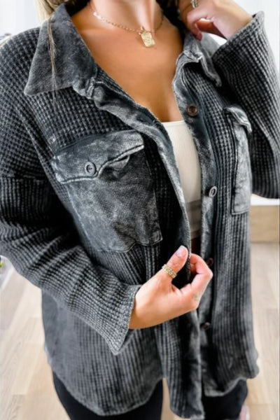 Kayla Waffle Knit Washed Shacket in Charcoal