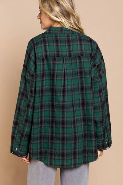 Never Better Paisley Print Collared Button Down Flannel Top in Green