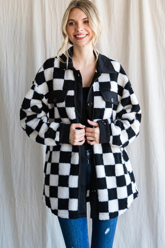 The Stevie Checkered Fleece Shacket in Black/White Check