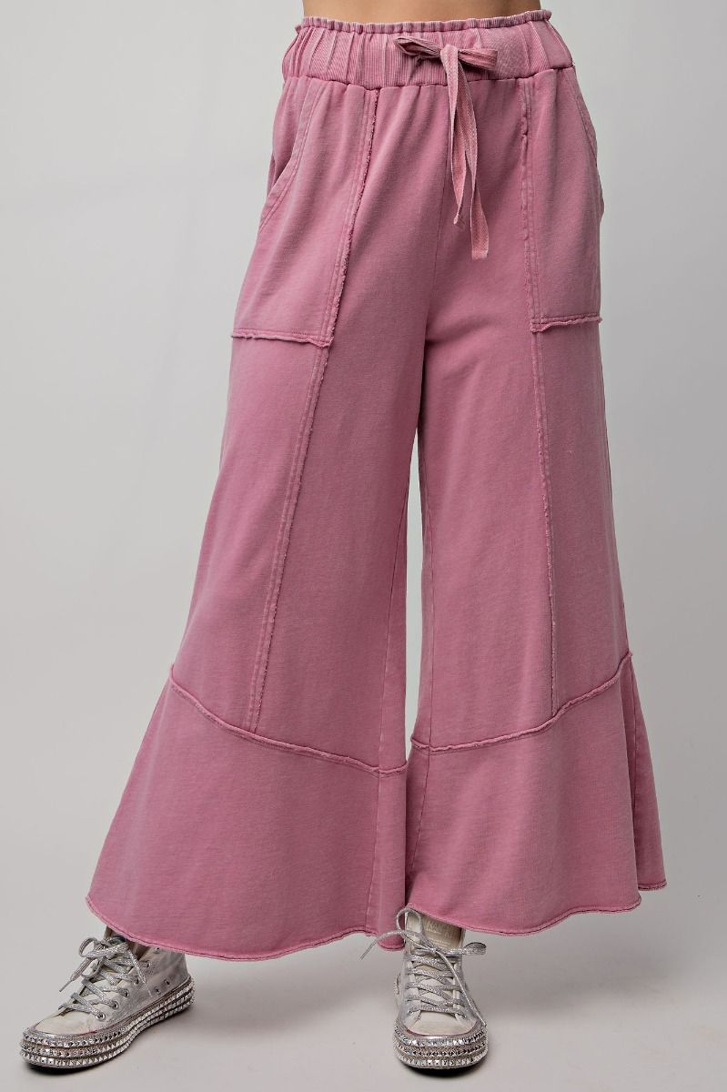 Chill Vibes Mineral Washed Terry Knit Wide Leg Pants in Antique Rose
