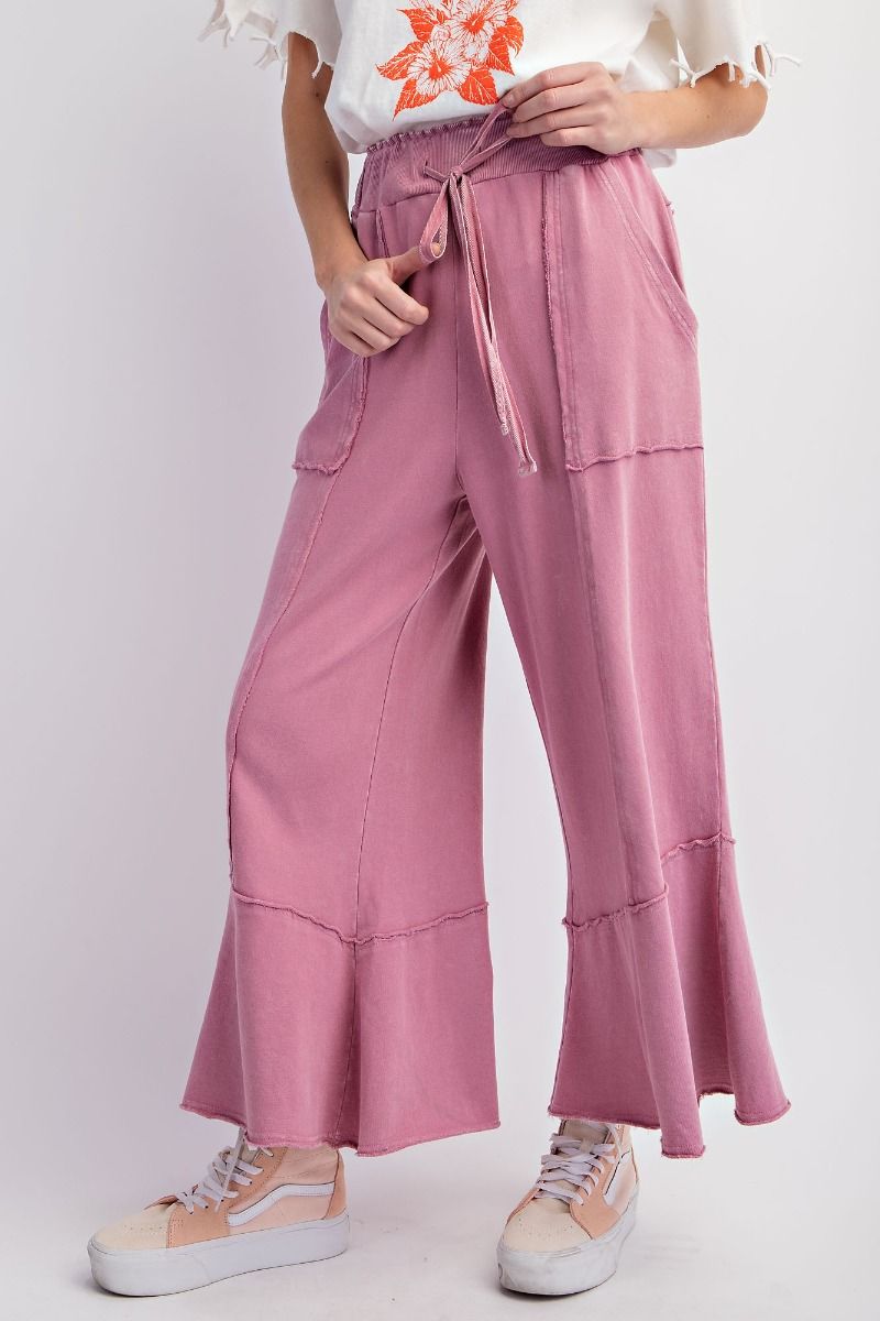 Chill Vibes Mineral Washed Terry Knit Wide Leg Pants in Antique Rose