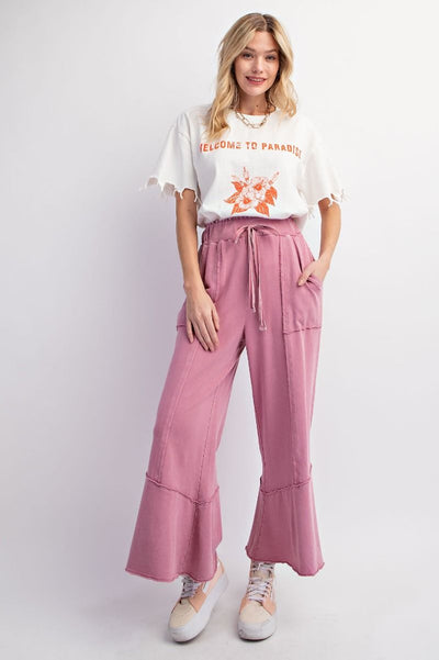 Chill Vibes Mineral Washed Terry Knit Wide Leg Pants in Antique Rose