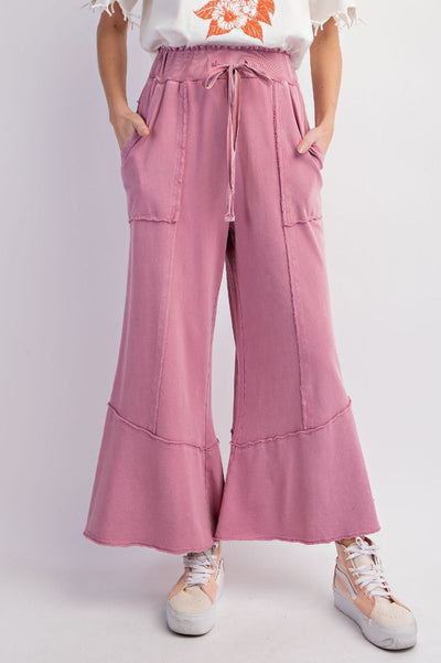 Chill Vibes Mineral Washed Terry Knit Wide Leg Pants in Antique Rose