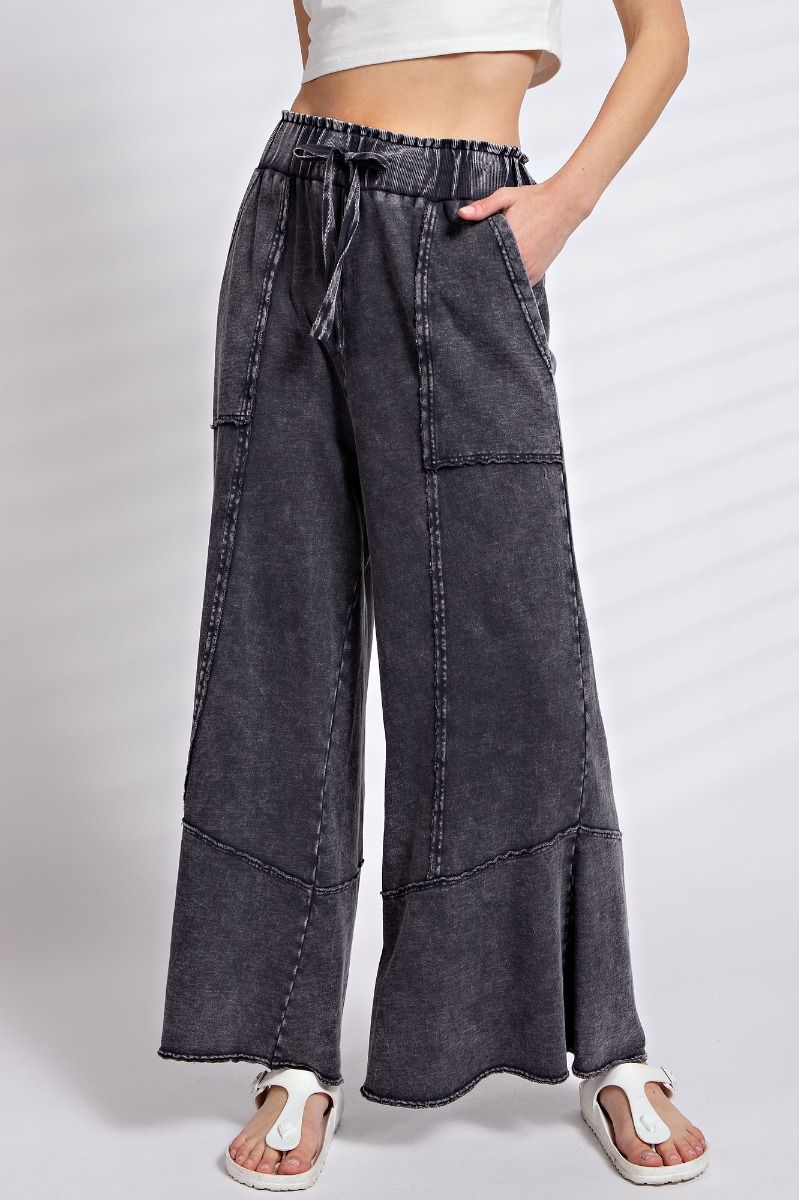 Chill Vibes Mineral Washed Terry Knit Wide Leg Pants in Ash