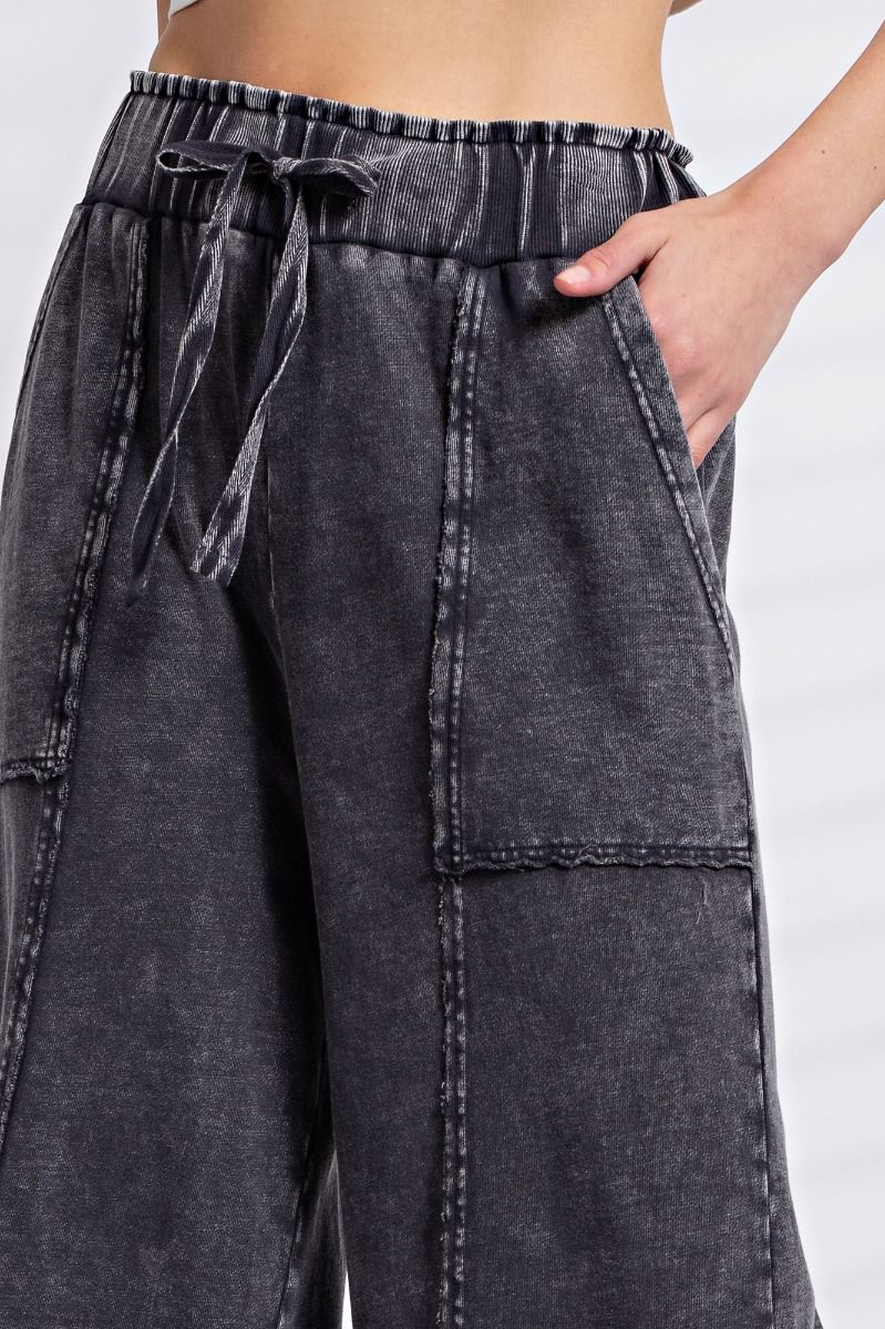 Chill Vibes Mineral Washed Terry Knit Wide Leg Pants in Ash