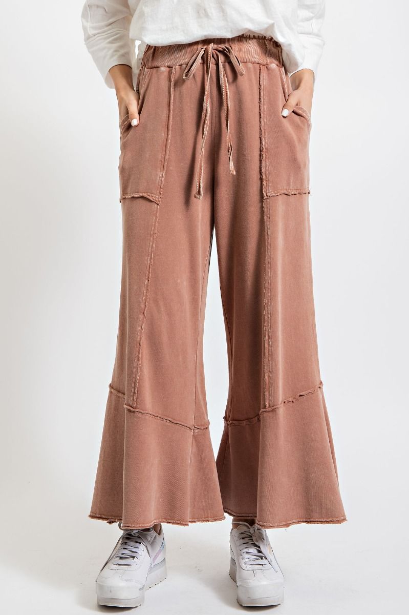 Chill Vibes Mineral Washed Terry Knit Wide Leg Pants in Cappuccino