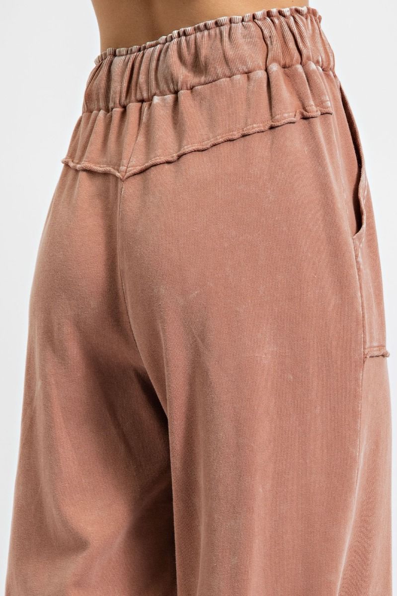 Chill Vibes Mineral Washed Terry Knit Wide Leg Pants in Cappuccino