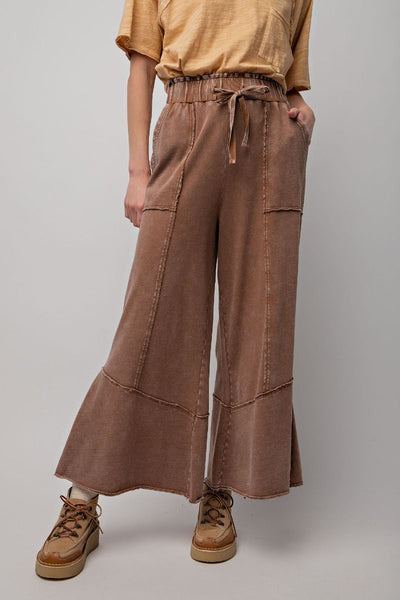 Chill Vibes Mineral Washed Terry Knit Wide Leg Pants in Choco Brown