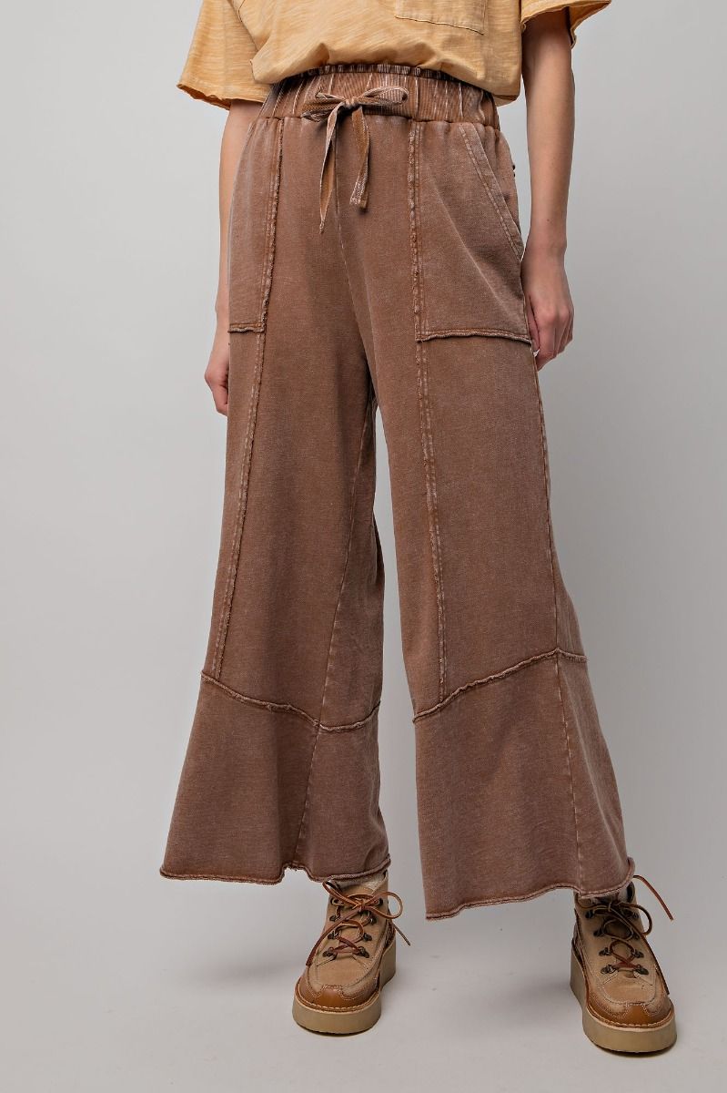 Chill Vibes Mineral Washed Terry Knit Wide Leg Pants in Choco Brown