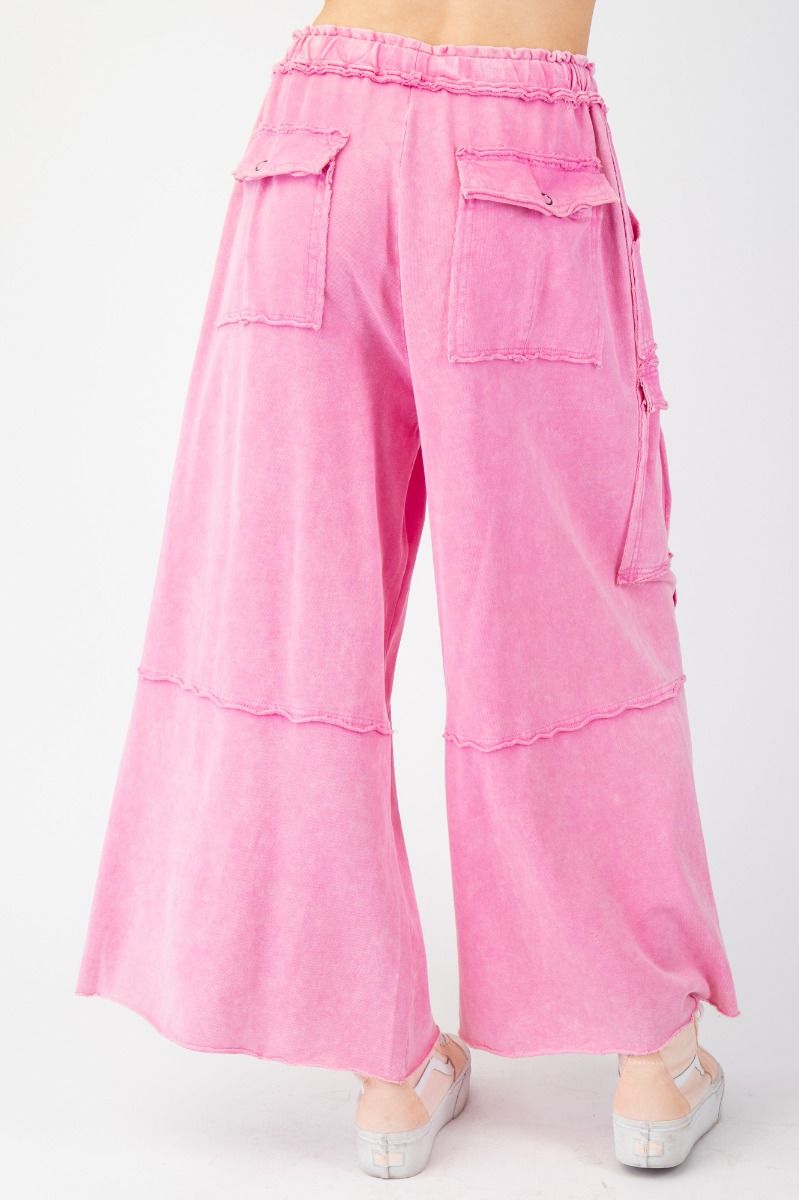 Netflix and Chill Mineral Washed Wide Leg Cargo Pants in Bubble Gum