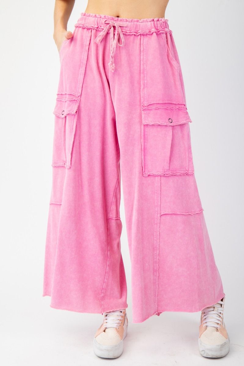 Netflix and Chill Mineral Washed Wide Leg Cargo Pants in Bubble Gum