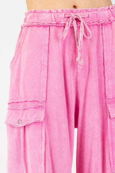 Netflix and Chill Mineral Washed Wide Leg Cargo Pants in Bubble Gum