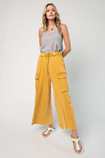 Netflix and Chill Mineral Washed Wide Leg Cargo Pants in Camel