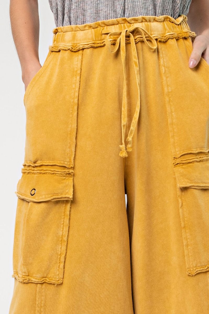 Netflix and Chill Mineral Washed Wide Leg Cargo Pants in Camel