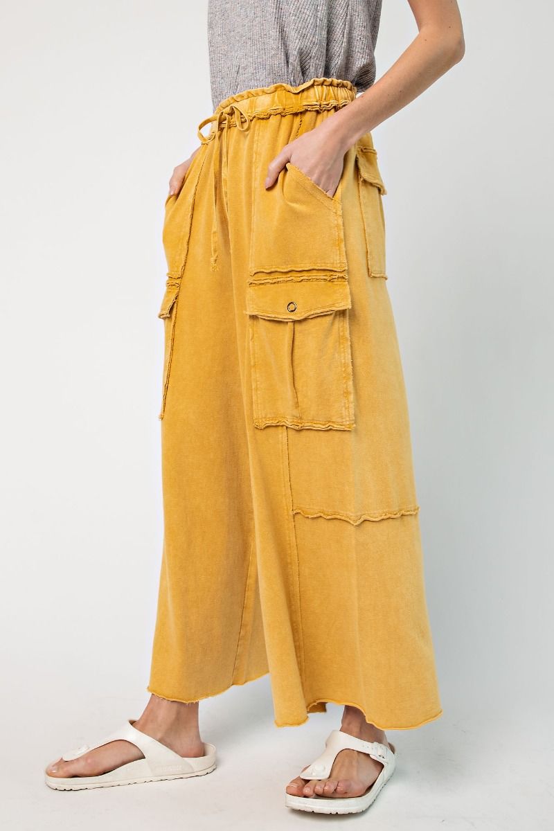 Netflix and Chill Mineral Washed Wide Leg Cargo Pants in Camel