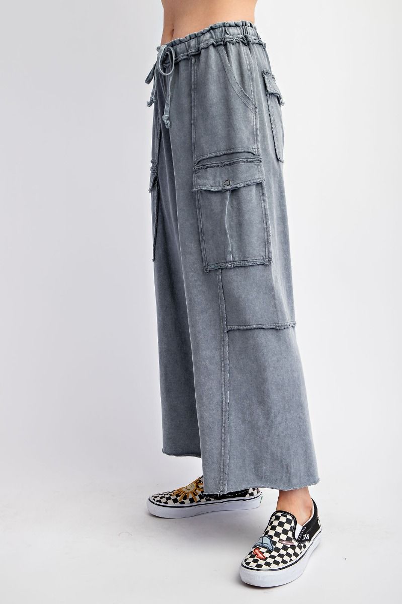 Netflix and Chill Mineral Washed Wide Leg Cargo Pants in Faded Navy