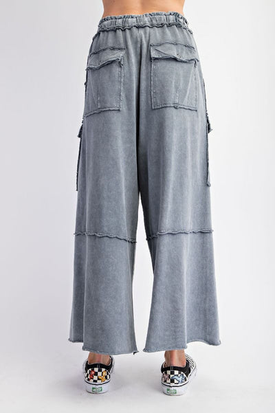 Netflix and Chill Mineral Washed Wide Leg Cargo Pants in Faded Navy