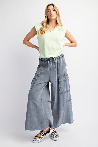 Netflix and Chill Mineral Washed Wide Leg Cargo Pants in Faded Navy