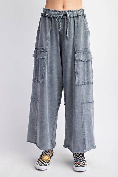 Netflix and Chill Mineral Washed Wide Leg Cargo Pants in Faded Navy