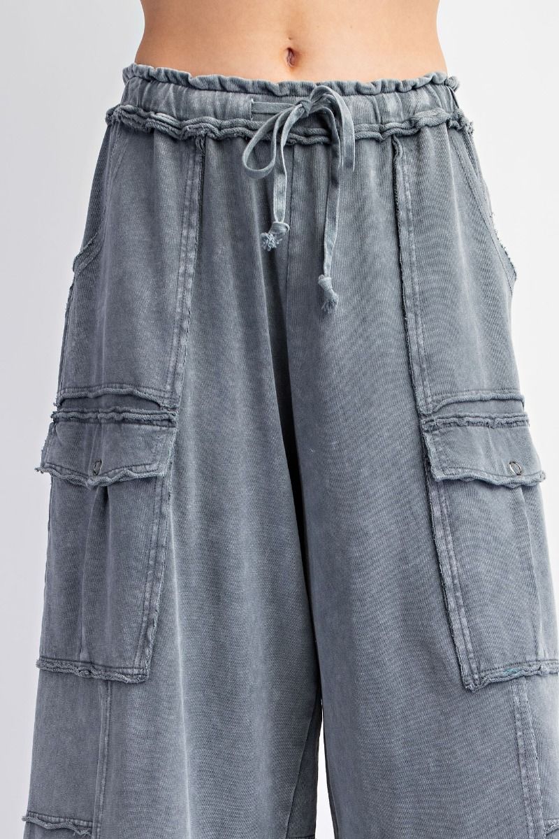 Netflix and Chill Mineral Washed Wide Leg Cargo Pants in Faded Navy