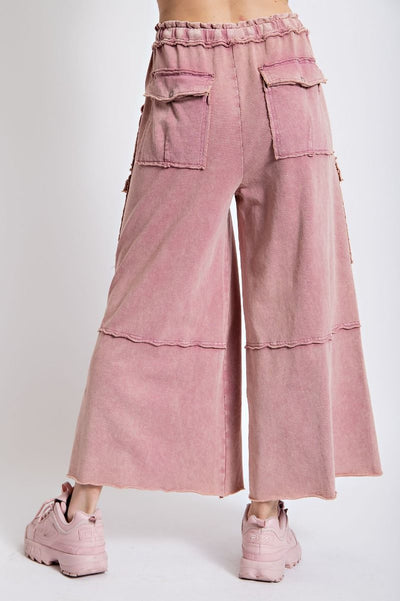 Netflix and Chill Mineral Washed Wide Leg Cargo Pants in Faded Plum