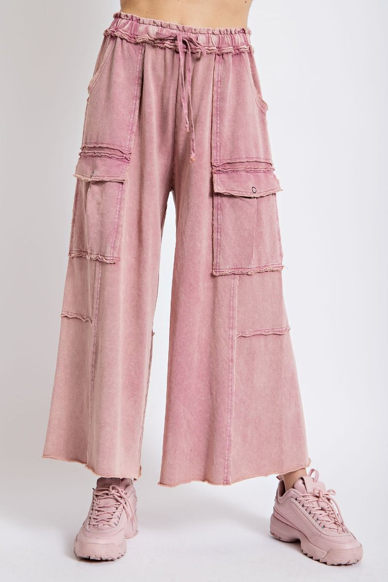 Netflix and Chill Mineral Washed Wide Leg Cargo Pants in Faded Plum