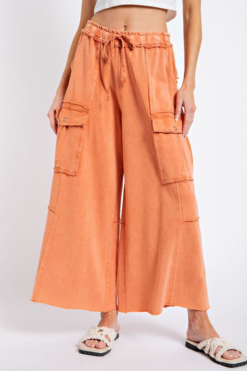 Netflix and Chill Mineral Washed Wide Leg Cargo Pants in Faded Rust