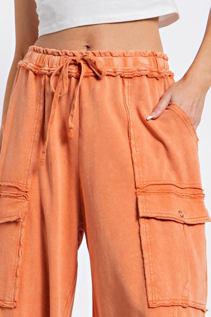 Netflix and Chill Mineral Washed Wide Leg Cargo Pants in Faded Rust