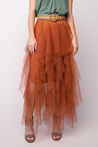 Princess Behavior Mesh Ballerina Tulle Maxi Skirt in Camel