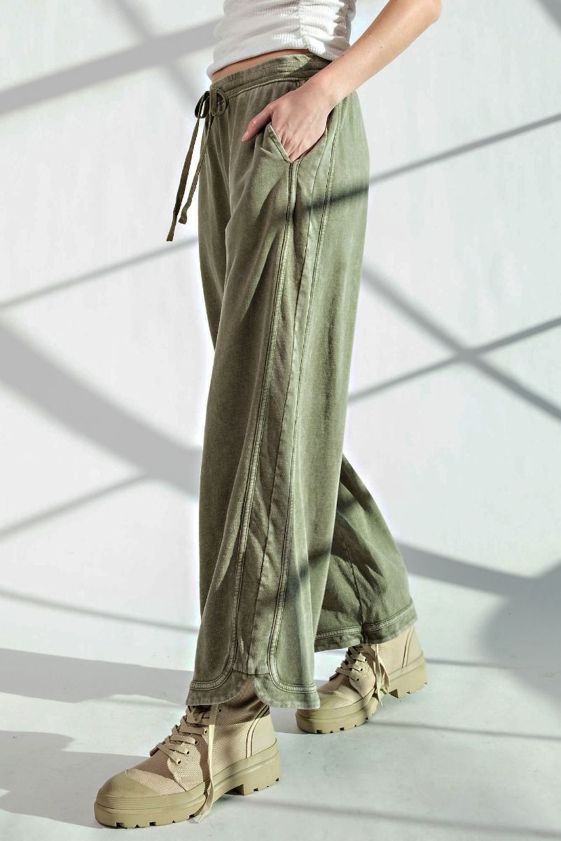 Let's Grab Starbs Mineral Washed French Terry Pants in Faded Olive