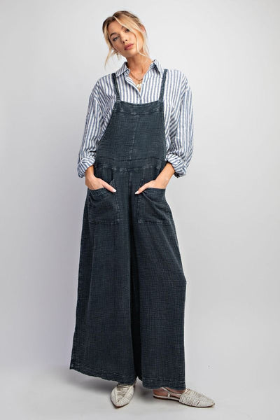 Here I Am Mineral Wash Cotton Overalls in Faded Denim