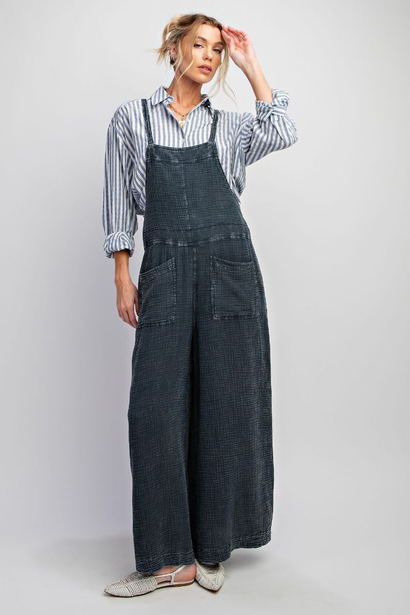 Here I Am Mineral Wash Cotton Overalls in Faded Denim