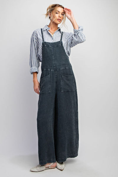 Here I Am Mineral Wash Cotton Overalls in Faded Denim