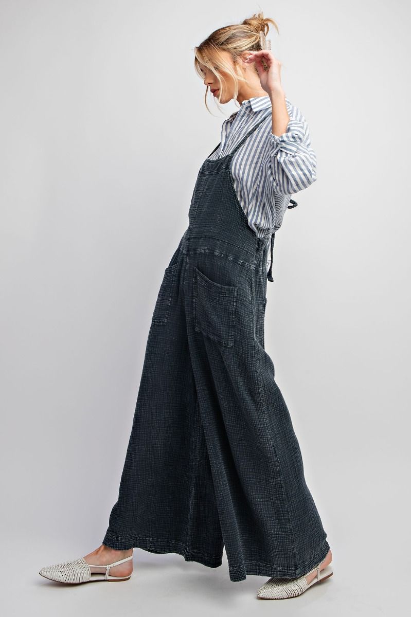 Here I Am Mineral Wash Cotton Overalls in Faded Denim