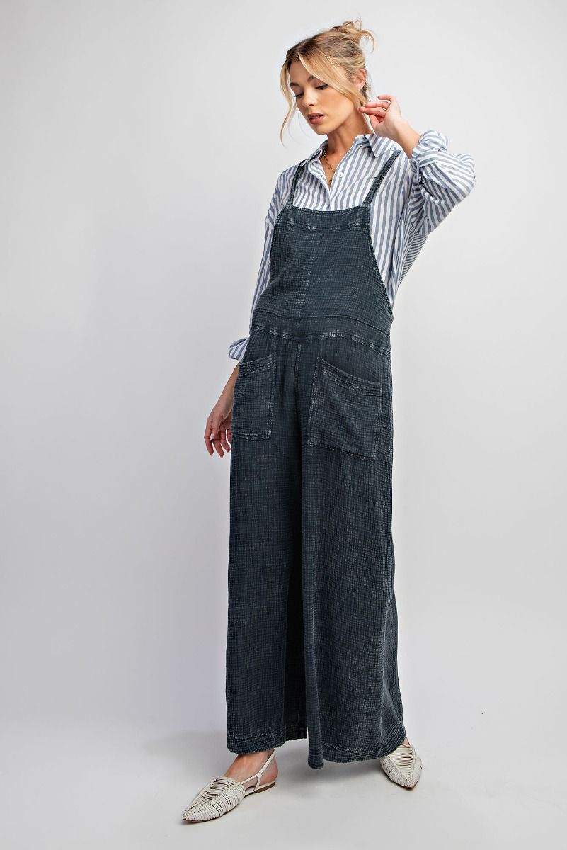 Here I Am Mineral Wash Cotton Overalls in Faded Denim