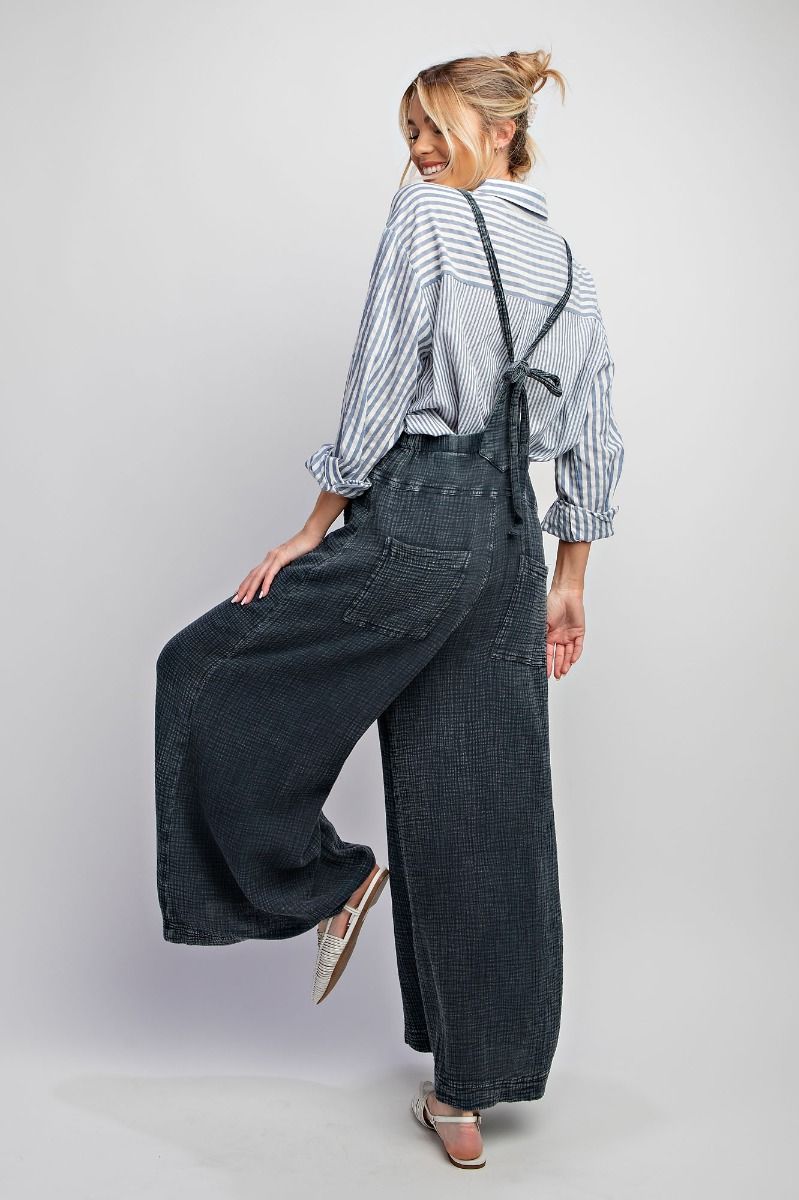 Here I Am Mineral Wash Cotton Overalls in Faded Denim