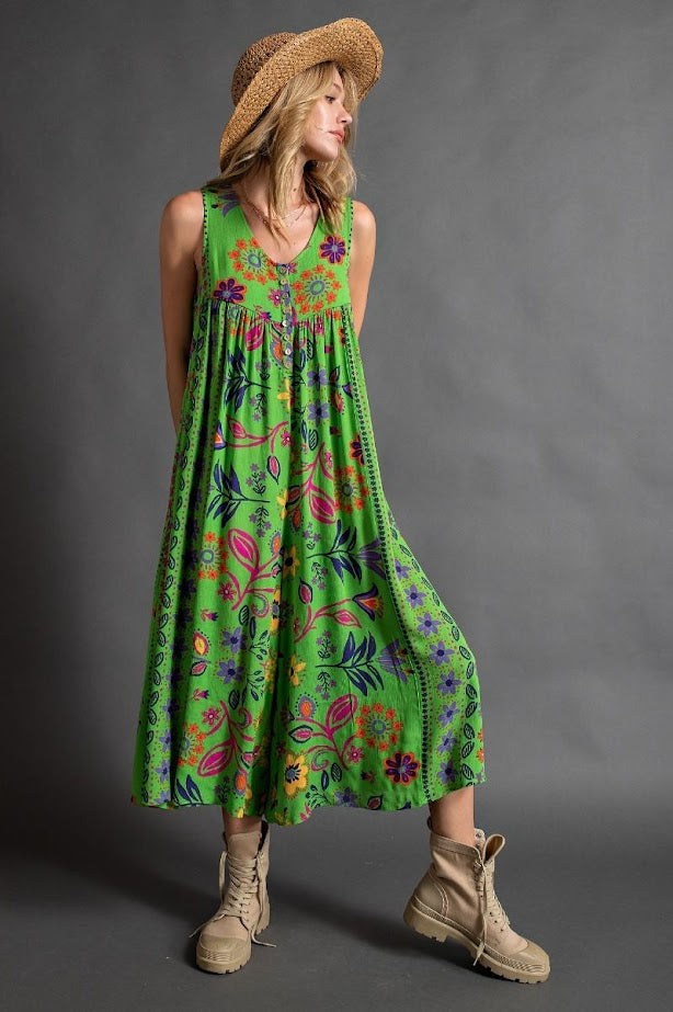 Florally Yours Floral Print Sleeveless Wide Leg Jumpsuit in Pear Green