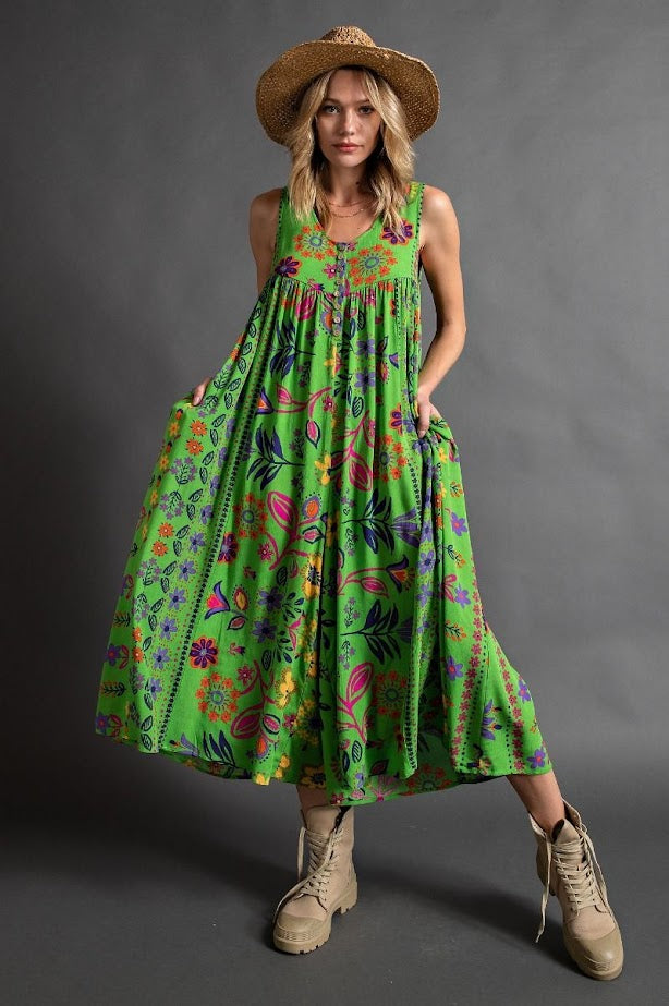 Florally Yours Floral Print Sleeveless Wide Leg Jumpsuit in Pear Green