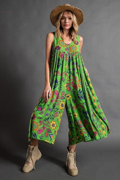 Florally Yours Floral Print Sleeveless Wide Leg Jumpsuit in Pear Green