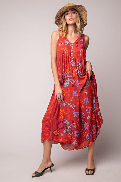 Florally Yours Floral Print Sleeveless Wide Leg Jumpsuit in Scarlett