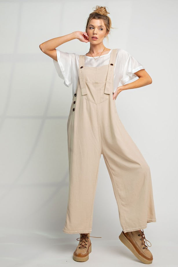 The Kate Linen Oversized Overalls in Khaki