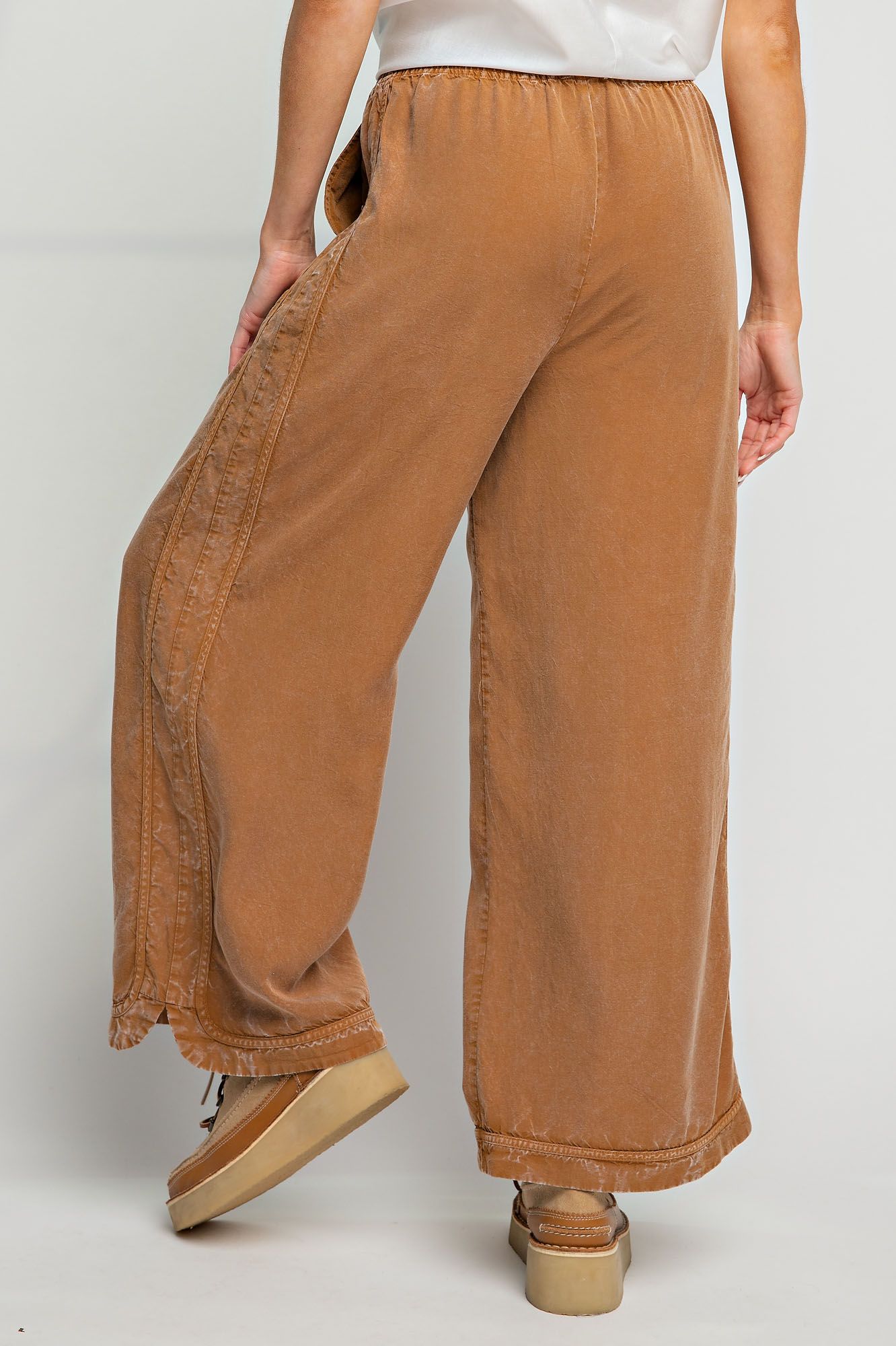 Comfy + Cozy Mineral Washed Soft Twill Wide Leg Pants in Camel