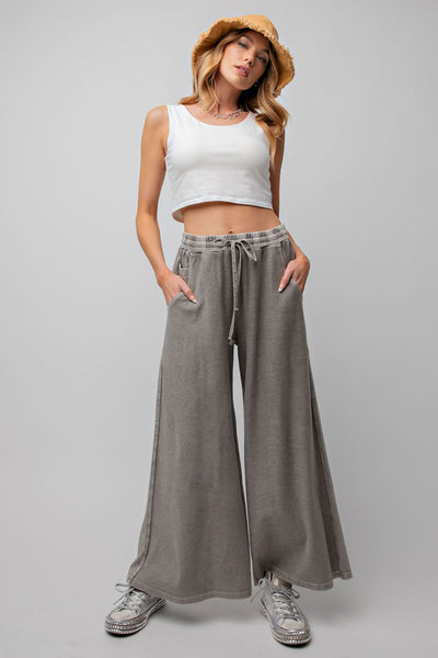 Inside Out Mineral Washed Terry Knit Wide Leg Pants in Ash