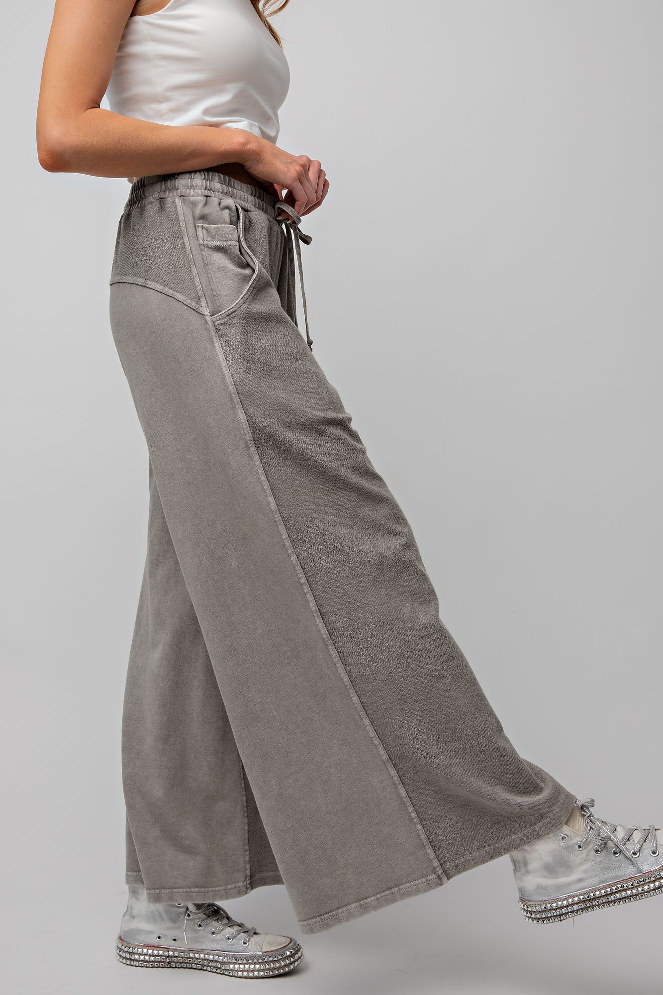 Inside Out Mineral Washed Terry Knit Wide Leg Pants in Ash