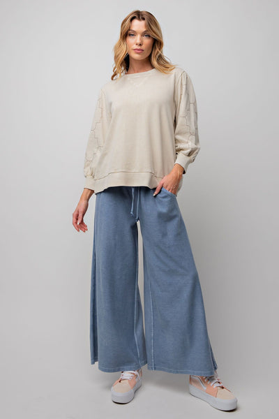 Inside Out Mineral Washed Terry Knit Wide Leg Pants in Denim