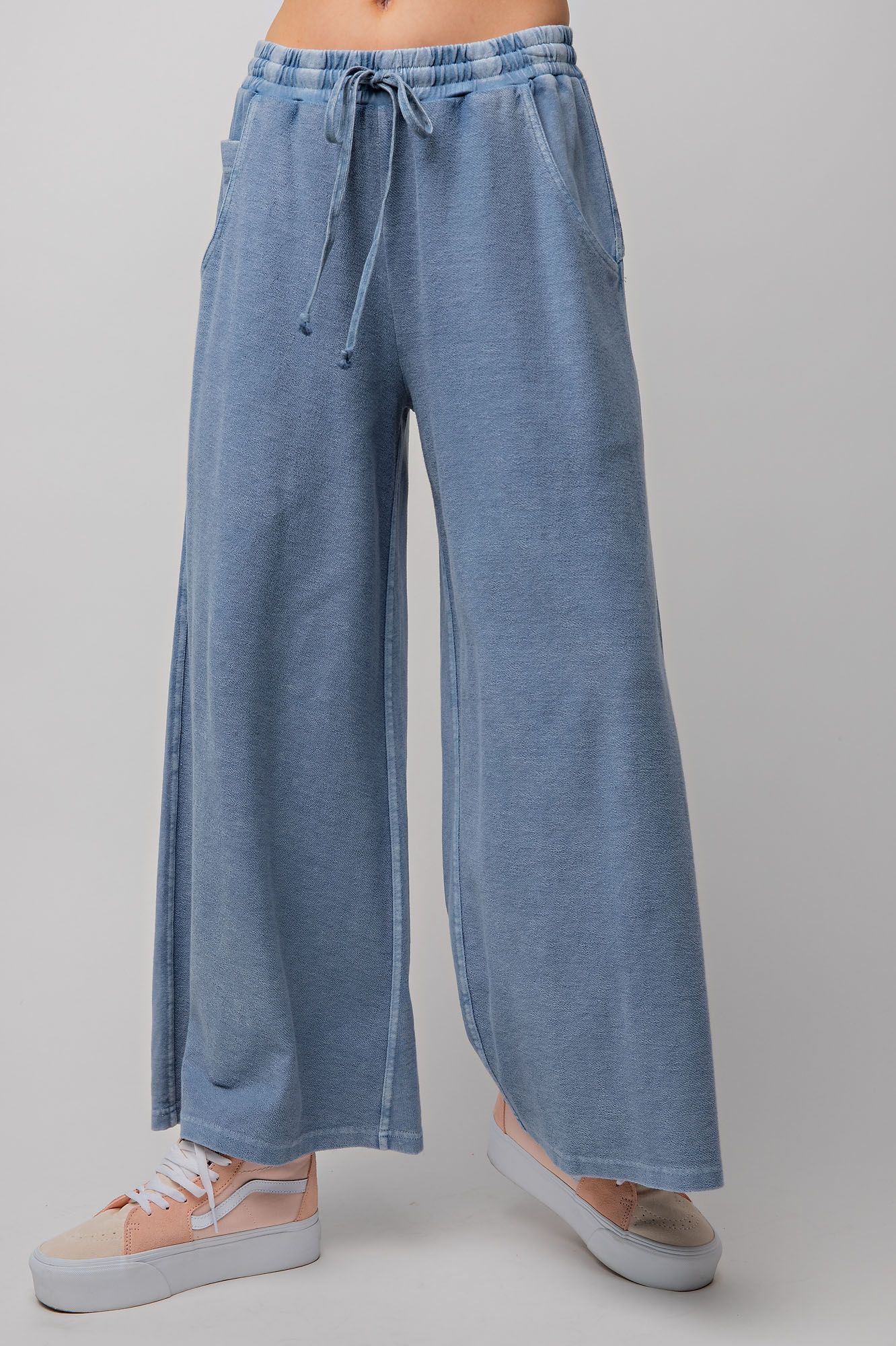 Inside Out Mineral Washed Terry Knit Wide Leg Pants in Denim