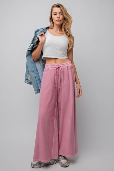 Inside Out Mineral Washed Terry Knit Wide Leg Pants in Dried Rose