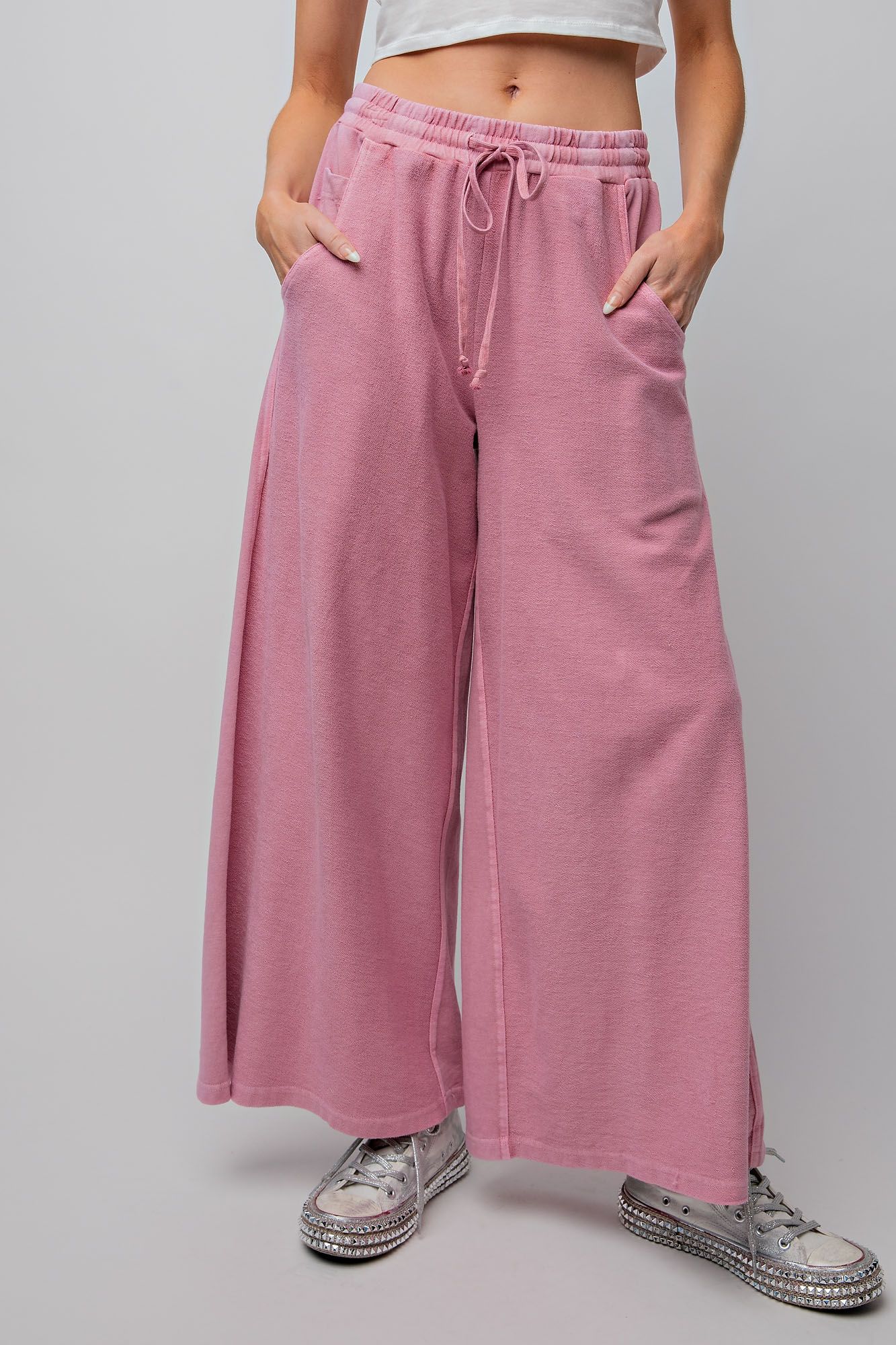 Inside Out Mineral Washed Terry Knit Wide Leg Pants in Dried Rose